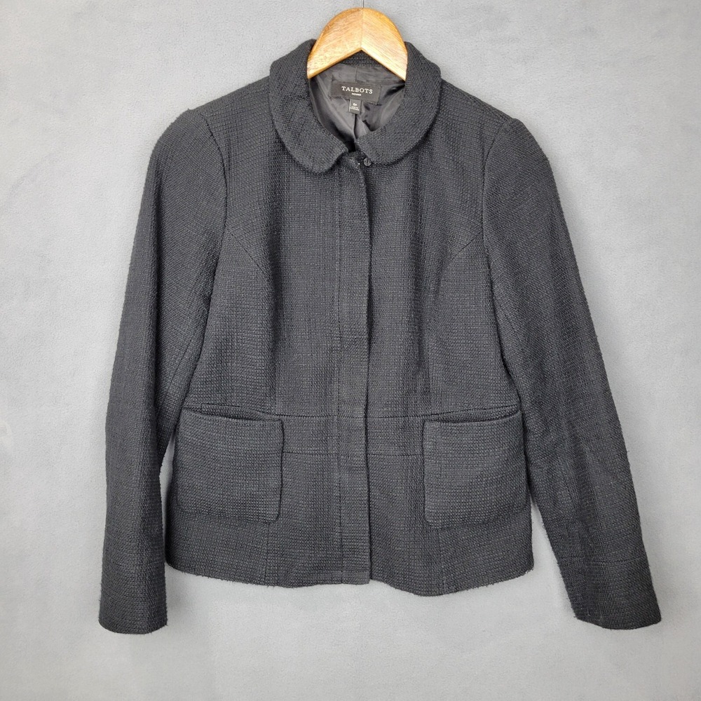 Talbots Blazer Jacket Women's 6 Petite Black Lined 100% Cotton Pockets Full Zip